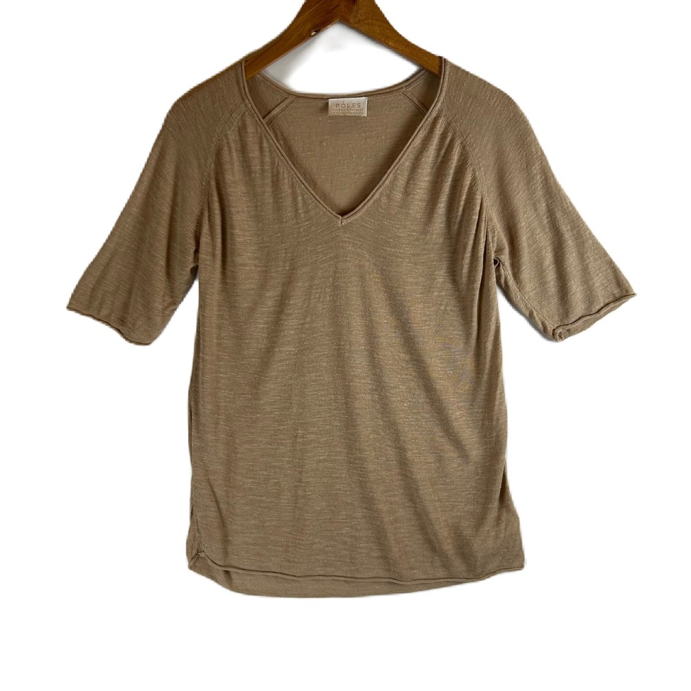 Poles Maison Montagut Tan Linen Blend V-Neck Knit Top Portugal Women Size S